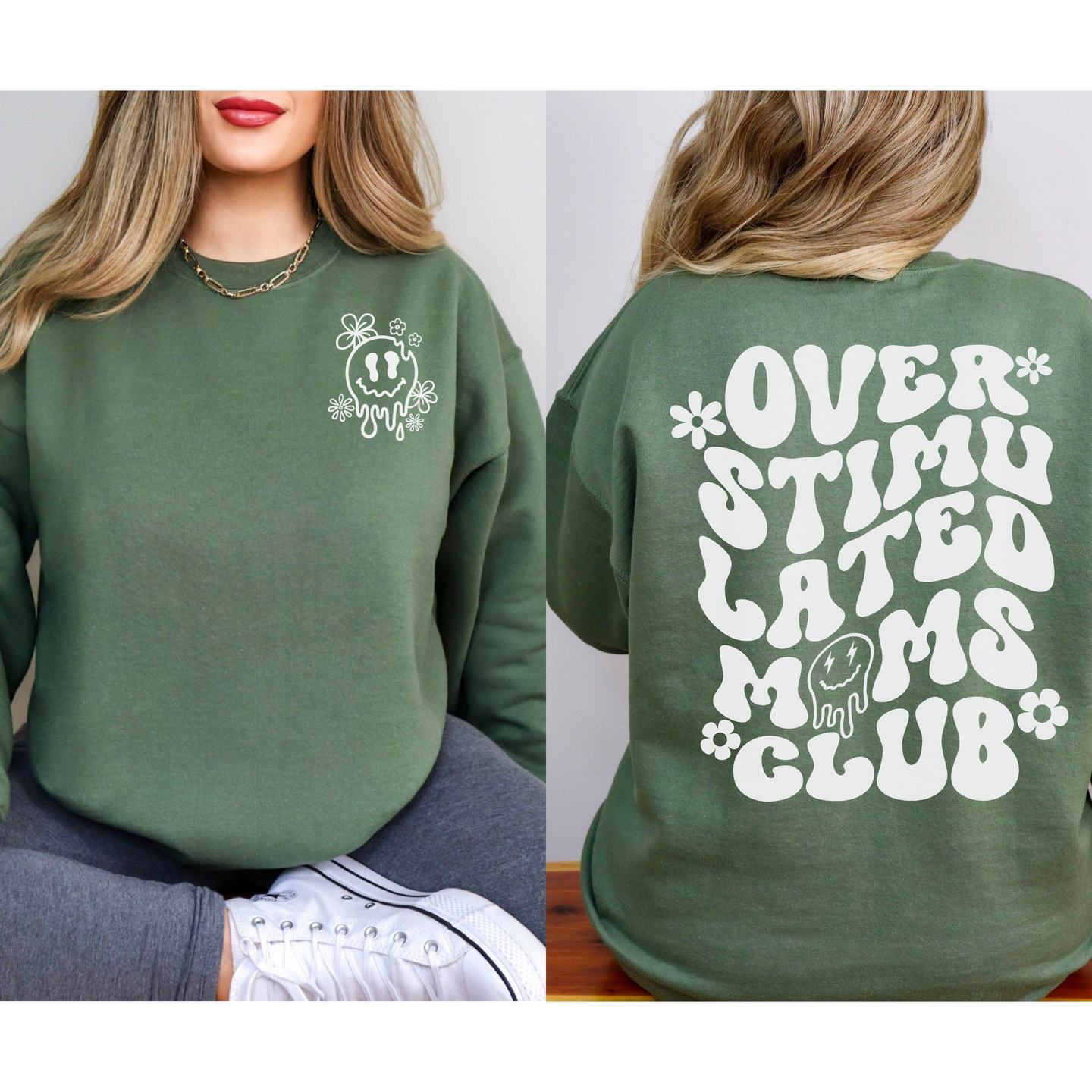 Over Stimulated Moms Club Crewneck Sweatshirt sizes small to 5XL